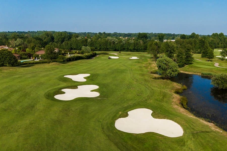 Bunkers and a pond on the Conte Course at Bogogno Golf Resort
