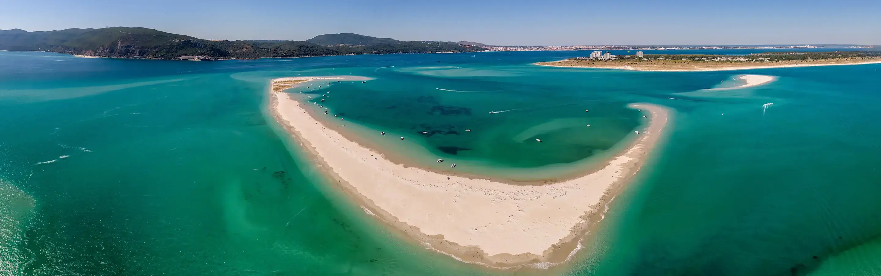 Aerial view of the Troia peninsula sandbar and Sado Estuary