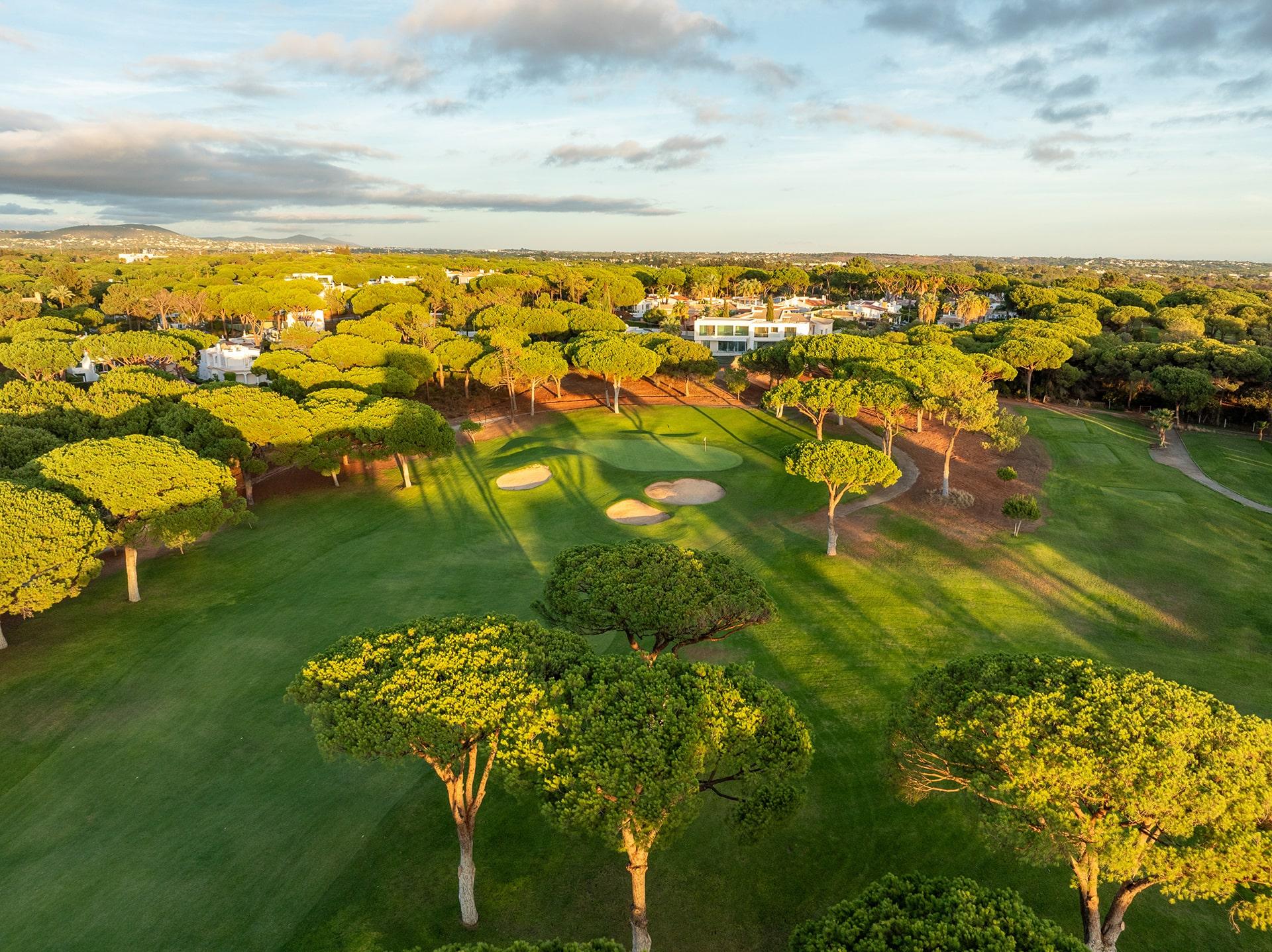 Aerial view of a green and bunkers among umbrella pines on the Pinhal course